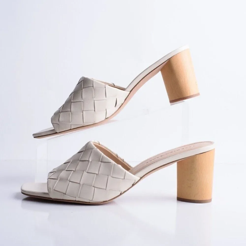 Veronica Beard Womens Kiele White Leather Woven Slip On Heels Shoes Mules Sz 11_5